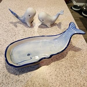 Whale salt & pepper shaker with matching spoon rest